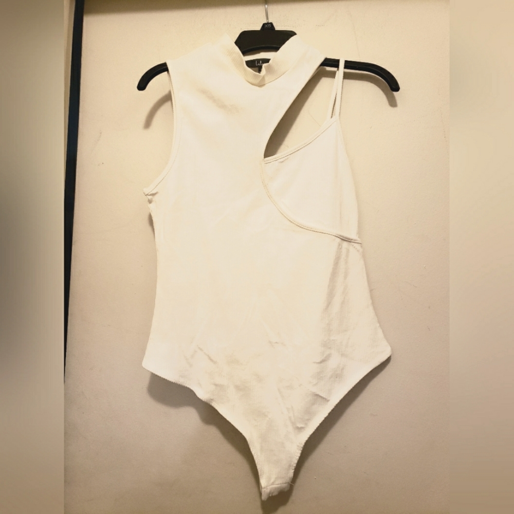 Lulus check me cutout white ribbed mock neck cutout bodysuit XL